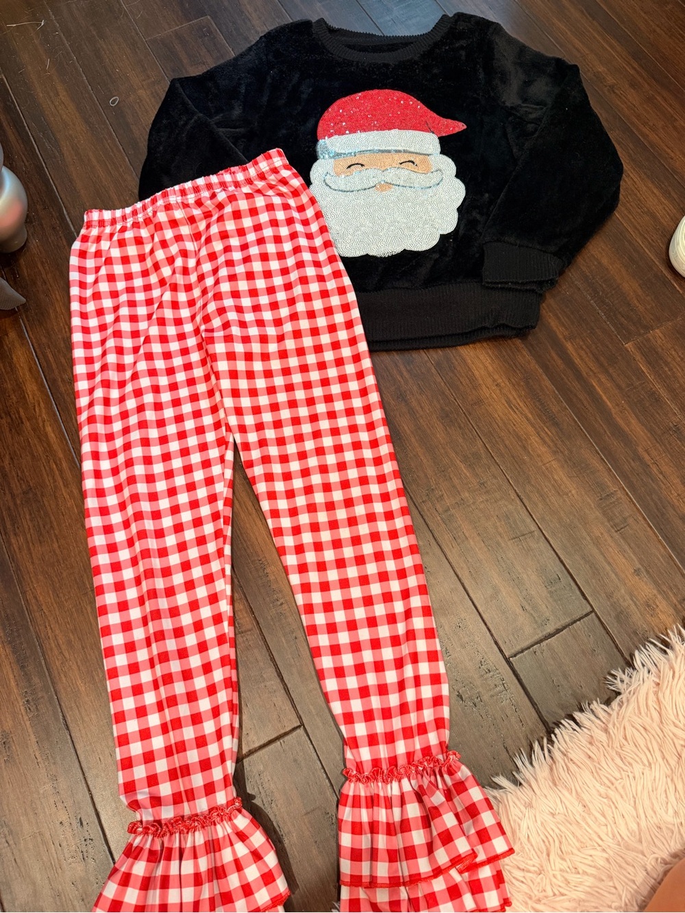 Kids Black Santa Top and Red Gingham Ruffle Christmas Set